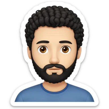 This is a cartoon-style avatar of a man with curly black hair, a beard, and a calm expression sticker