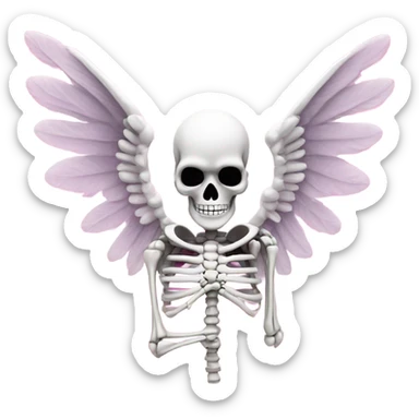 Skeleton with large pink angel wings cover in white sparkly clouds  sticker