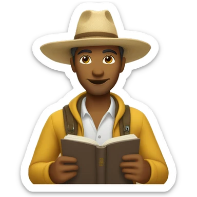 mexican tourism host, wearing adventure clothes, with not too dark brown skin, reading a book  sticker