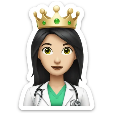 White Female doctor with green eyes, long black hair and a crown sticker