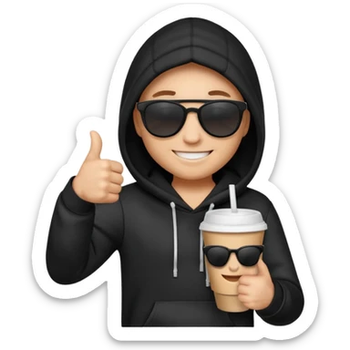 emoji di Gesù con felpa nera, sulla felpa in bianco scrivi "SKUIRTER" con occhiali da sole un pollice in su e in una mano un bicchiere di carta
 sticker