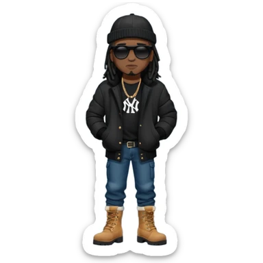 African American man with shoulder length black dreadlocks wearing black sunglasses with black bubble winter coat wearing a New York Yankees baseball hat with arms folded wearing denim skinny jeans and timberland boots sticker
