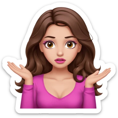 girl with long wavy brown hair, brown eyes, long lashes makeup, sexy pink lips, light to medium complexion, pink sexy top, shrugging with both hands, confused sticker