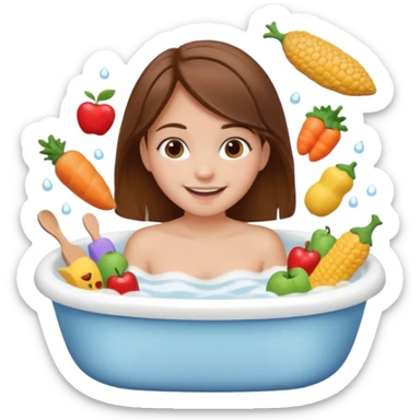 bath, food, toys, brown hair girl sticker