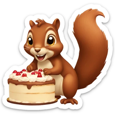 A brown squirrel holding a cake sticker