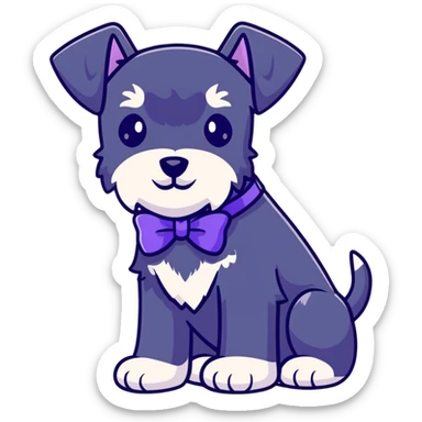 A black puppy schnauzer with a purple bow sticker