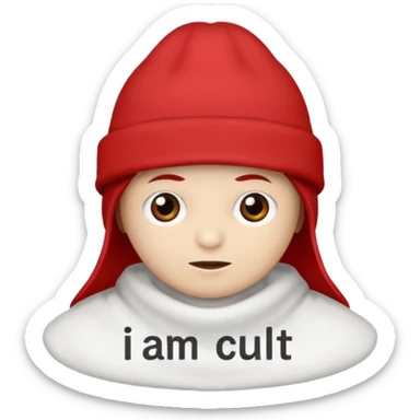 Red hat that says "I AM IN A CULT" in white text sticker