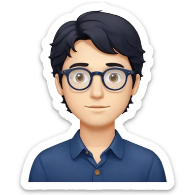 Upper body only of young caucasian man with longer wavy black hair, round glasses, wearing comfortable dark blue buttoned shirt sticker