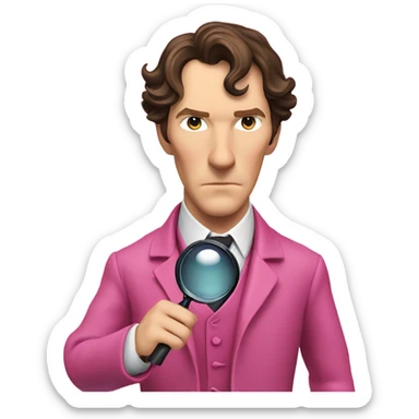 Benedict Cumberbatch-like Sherlock Holmes all in all intensive pink suit holding magnifying glass, upper body sticker