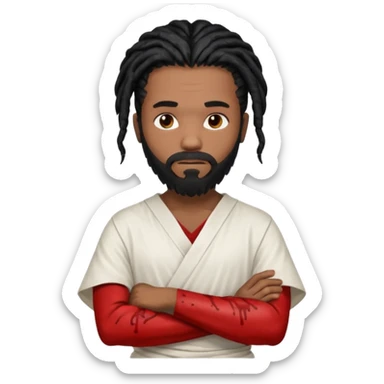 African American man with shoulder length black dreadlocks with black beard wearing a white tunic with blood on it with arms folded together sticker