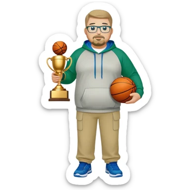  full body white obese male basketball coach with trophy. Goatee , Wearing glasses and blue and green hoodie and khaki pants sticker