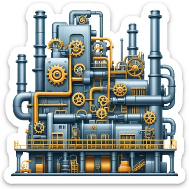 An icon featuring a giant factory with industrial machines and assembly lines, symbolizing mechanical engineering. The design includes gears, robotic arms, and blueprints, representing the creation of machinery and complex systems. Transparent background highlights innovation in manufacturing sticker