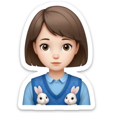 make a girl hair short and wear bunny skin pale ok and wear Sweater vests blue and make little bit a younger sticker