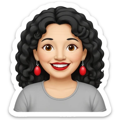60 yr old Mexican woman, slightly chubby, wavy/curly long black hair, red lipstick, big smile, white teeth, brown eyes, hoop earings, side part to hair, round face, grey t shirt, hair side swept, big hoop earing sticker
