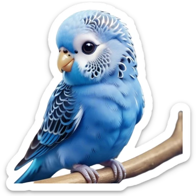 Cinematic Cute Blue Budgie Portrait Emoji, Head tilted playfully and inquisitively, featuring a brilliant blue feathered fur with a natural sheen, round, sparkling dark eyes filled with curiosity, Simplified yet irresistibly adorable features, highly detailed, glowing with a warm, friendly glow, high shine, affectionate and lively, stylized with a touch of whimsy, bright and endearing, soft glowing outline, capturing the essence of a mischievous yet loving budgie, so playful it feels like it could chirp out of the screen and into your arms! sticker
