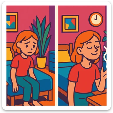a girl in a bedroom, looking sad, then smelling a scent like from a candle or diffuser, her mood changing to relaxed, vibrant toon style sticker