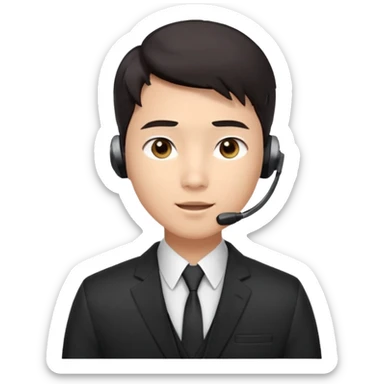 A young Asian man with smooth light skin, dark hair that swoops upward in the front, expressive eyes, a clean-shaven face, and a call-center style headset over one ear, usually paired with a crisp shirt and suit jacket visible from the chest up. sticker