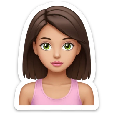 Create a teen girl wearing a light pink tank top. She will have brunette hair, tan skin, pink lips, and grey-green eyes. She has long eyelashes. sticker