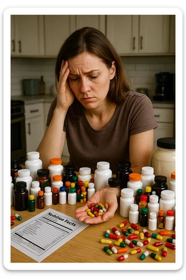 a woman in her 30s sits at her kitchen table, surrounded by dozens of supplement bottles, powders, and pills. She looks anxious and fatigued, with her head resting in one hand while the other holds a handful of colorful capsules. On the table, a nutrition chart is ignored, and her skin appears slightly dull or stressed. The mood is cautionary and educational. in italiano sticker