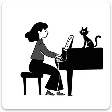 woman playing piano while her cat sits on top of the piano sticker