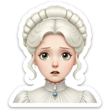 Awestruck Victorian-era white woman with white coiffed hair, light eyes, wearing a simple turtleneck Victorian gown, with a dropped jaw in shock sticker