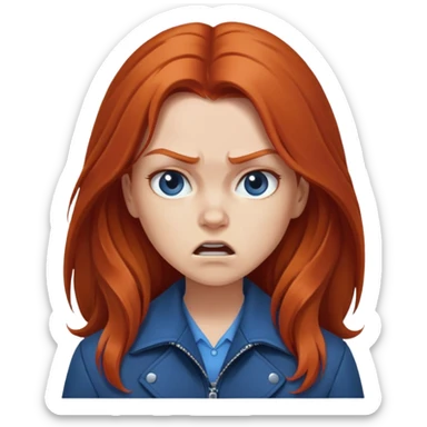 Redhead girl with long hair in blue jacket looking angry sticker