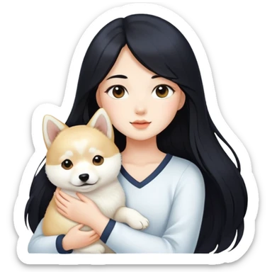 A beautiful girl with long black hair is holding a long-haired white Shiba Inu puppy sticker