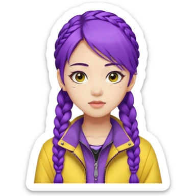 kpop hunters Rumi purple hair one large braid, asian, yellow jacket and wearing eyeliner sticker