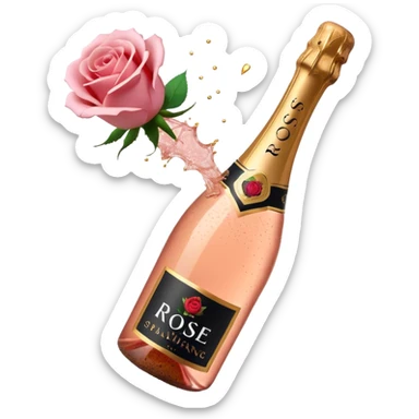 bottle of sparkling rosé champagne with a rose logo on the label, with the cork exploding out from the top, tilted up and to the left, no glass sticker