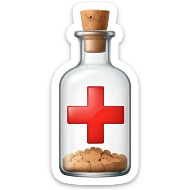 A glass medicine bottle with a cork top and red cross label sticker