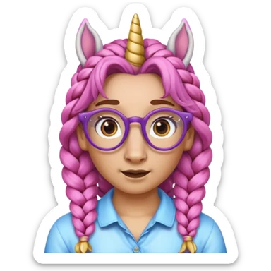 braided unicorn wiith big visible braids looking into the camera spectacled sticker