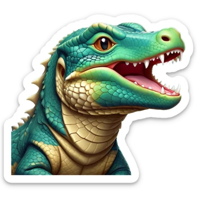 Cinematic Cute Yawning Komodo Dragon Lizard Portrait Emoji, Head slightly angled in a dramatic, wide-open yawn, showcasing rugged, textured scales and sleepy, half-closed eyes, Simplified yet irresistibly adorable features, highly detailed, glowing with a soft, cozy glow, high shine, relaxed yet expressive, stylized with a hint of whimsical wildness, soft glowing outline, capturing the essence of a drowsy yet endearing reptile that appears ready to stretch out for a nap! sticker