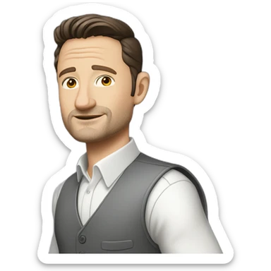 tim robinson dark black slicked back hair white shirt with a light grey vest sticker