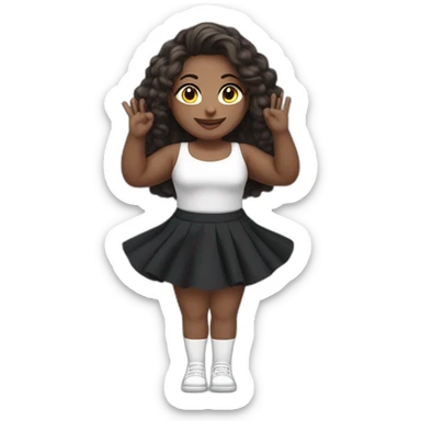 Front view full body curvy caucasian beauty sitting straight hands up black skirt white knickers white socks sticker