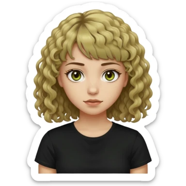 young woman wearing a black t shirt with curly dirty blonde hair, straight bangs, and hazel green & brown eyes. She is a daughter of Hades and has powers over darkness sticker