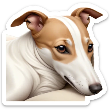 Meme-Worthy Cute Sleeping White and Brown Greyhound Portrait Emoji, Head resting peacefully with a contented smile, showcasing a lean, graceful build and a luxuriously smooth Fur of white with brown accents, eyes shut in a serene nap, Simplified yet hilariously adorable features, highly detailed, glowing with a soft, drowsy light, high shine, relaxed and utterly lovable, stylized with an air of playful laziness, bright and heartwarming, soft glowing outline, capturing the essence of a comically sleepy racer, so meme-worthy it feels like it could instantly become the next viral sensation of adorable slumber! sticker