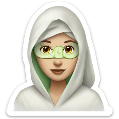 White girl with Brown hair and blue eyes wears a Green clay colored skincare textured mask and puts on cucumbers around her eyes while She relaxes in her white Robe sticker