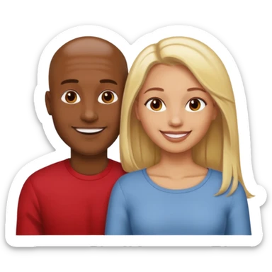 one male medium dark skin tone no hair and one woman light skin tone blonde highlights shoulder length hair and one woman light skin tone deep red long hair sticker