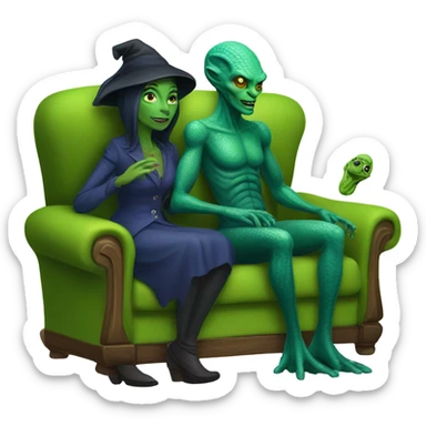 alien reptilian woman as witch, human man in blue, sitting on a couch  sticker