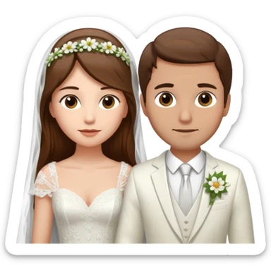 Woman with long brown hair and fair skin wearing a wedding dress and veil. And a man with short brown hair and fair skin wearing a white suit with a flower. sticker