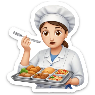 lunch lady with a tray of unappetizing food, exaggerated disgusted face sticker