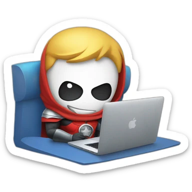 superhero with a rocket emblem sitting in front of his macbook sticker
