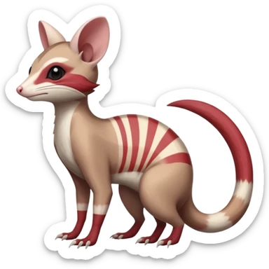Minccino-Opossum-Numbat-Sphynx-Zangoose-fusion-hybrid-animal-Fakémon-creature, full body, thin long sleek scaly tail, intricate markings sticker