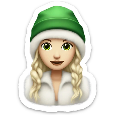 Realistic White girl with Long straight blonde hair, green eyes, tattoos, full body wearing white fur coat and fur hat sticker