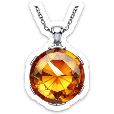 extreme close up of a round cut holographic amber charm with silver metal accent and figaro chain sticker