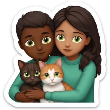 Crea un emoji donde salga un chico moreno con los ojos claros, una chica morena con los ojos marrones y SOLO UN gato europeo comun de pelaje oscuro y ojos verde claro, quiero que se esten abrazando y el gato este en el medio de los dos sticker