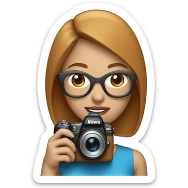 Portrait of stylish woman with blue eyes and caramel bob hair holding a nikon camera sticker