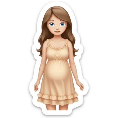 Beautiful Woman with Blue eyes, and long flowing almond brown hair and a light peachy tan skin tone, standing in a relaxed pose with a visible baby bump in frilly buttercream colored babydoll sundress  sticker