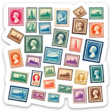 Icon for Stamp Collecting: a collection of vintage and colorful stamps arranged in an album or on a desk, with a large stamp block in the center showcasing different themes. The icon should reflect the charm and history of philately. Transparent background. sticker