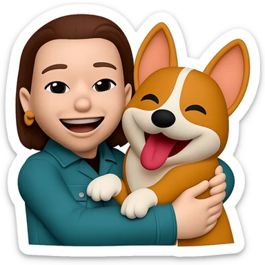 change the color of her jacket to cold teal while she is hugging a corgi dog, keep the golden ring earrings, same style sticker
